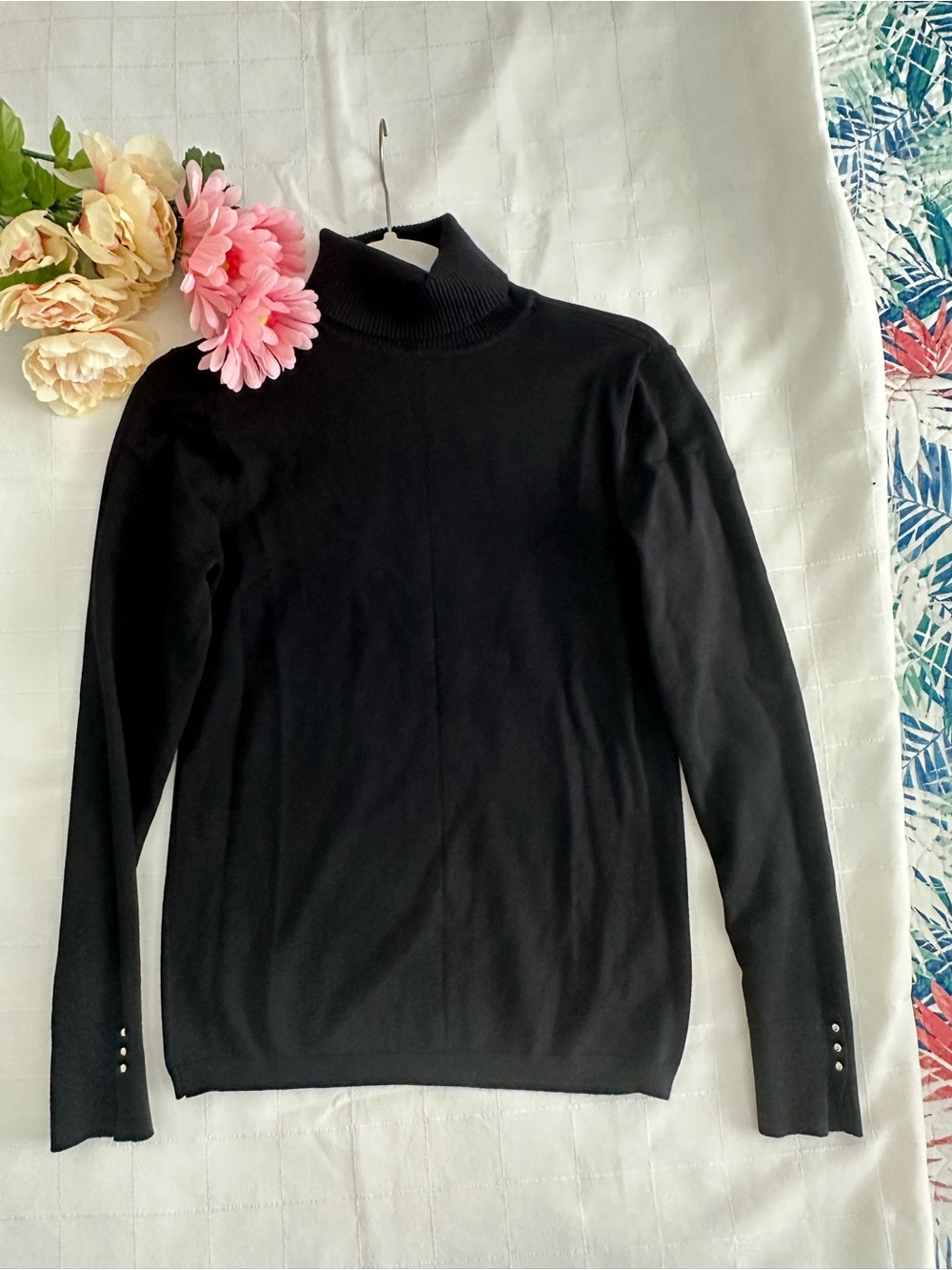 White House Black Market Black Turtleneck Sweater With Gold accents on sleeves. - Picture 5 of 8